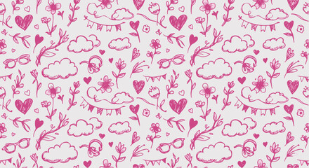 Seamless Pink Doodle Pattern &ndash; Hearts, Flowers, and Nature Clipart for Valentine&rsquo;s Day, seamless pattern, pink doodles, hand-drawn illustration, romantic design, valentine background, 