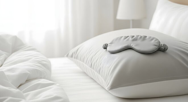 Soft sleep mask resting on white pillow in cozy bedroom, deep sleep and relaxation concept, bedtime routine for better rest, insomnia relief and wellness lifestyle background
