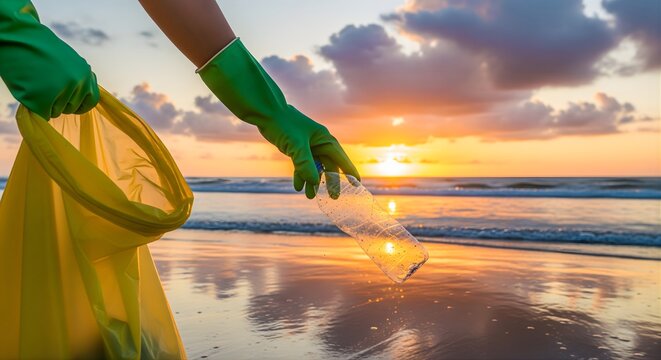Person wearing green gloves picking plastic bottle from beach with yellow trash bag during sunset symbolizing environmental conservation ocean protection and community cleanup activity