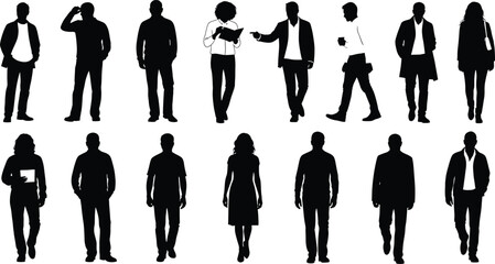 Black silhouettes of people in various poses on white background silhouettes, people, black, white background, standing, sitting, interacting, casual, various poses, no facial anonymous, crowd, group,
