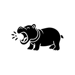 Black silhouette hippo yawning, minimalist wildlife logo icon for branding.