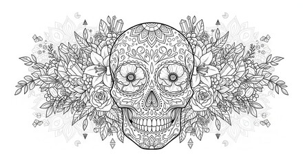 Fototapeta premium Intricate ornamental drawing depicts a decorated human cranium surrounded by botanical elements and mineral formations