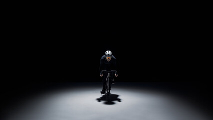 Obraz premium Cyclist riding in spotlight on dark background with copy space. Concept of premium sports advertising, dramatic banner, performance branding, minimal mockup and high contrast campaign design.
