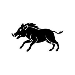 Fototapeta premium Black silhouette heraldic wild boar charging, vintage hunting mammal's logo emblem.