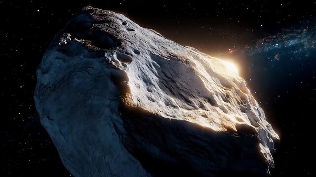 A distant view reveals an asteroid floats gracefully through the dark void of space, illuminating the surrounding cosmos with its rocky texture and unusual shape, showcasing the beauty of