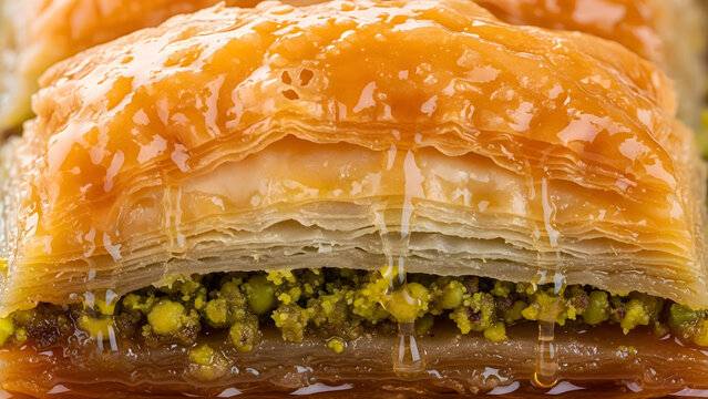Close up of a delicious, golden-brown baklava pastry with layers of flaky dough, chopped pistachios, and dripping honey syrup, a sweet Middle Eastern dessert.