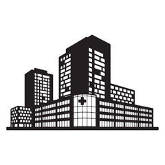 Obraz premium Hospital Building Complex Icon with Medical Cross in City Skyline