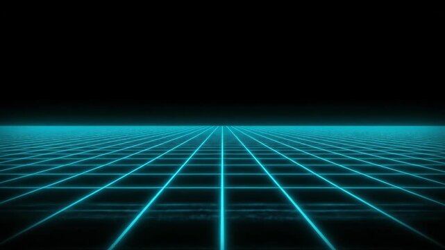 Retro grid background moving forward in cyberspace simulation, 80s synthwave style, representing data and virtual reality technology.