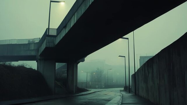 Concrete bridge over an empty fog shrouded street, moody urban underpass evoking industrial solitude, misty pathway and quiet isolation in cold, grey cityscape