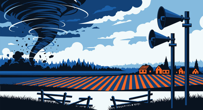 A dramatic vector illustration of a tornado devastating a rural landscape with warning sirens