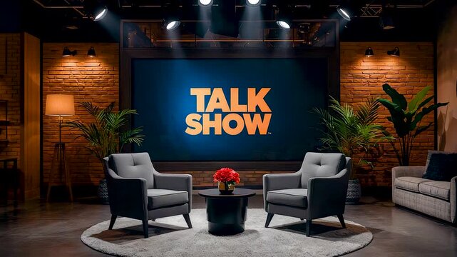 Warm modern talk show studio set with two armchairs and glowing screen ready for interview discussion filmed in cozy evening atmosphere