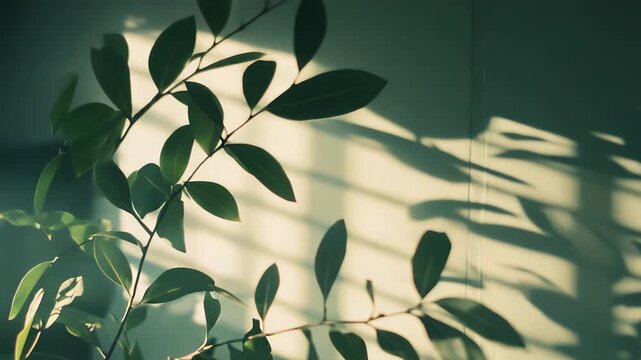 Fresh green plant leaves receiving gentle sunlight, creating intricate patterns of shadow and light on a muted wall, evoking a sense of calm and natural simplicity indoors