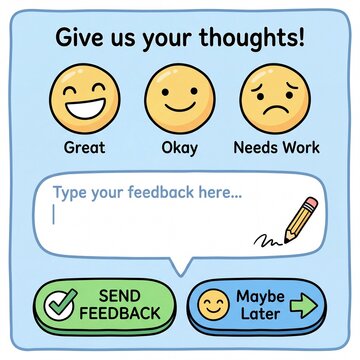 Customer feedback survey interface featuring three smiley face icons labeled Great Okay and Needs Work above a text input field for user comments and two buttons Send Feedback and Maybe Later.