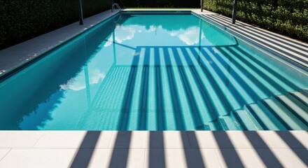 Obraz premium Sunlight creates strong parallel shadows across the surface of a modern rectangular swimming pool.