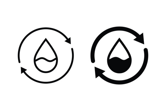 Recycle water icon. Water refill vector icon. Water drop with sync arrows. Liquid recycle icon. Planet bio protection circle flat design. Save or reuse water sign
