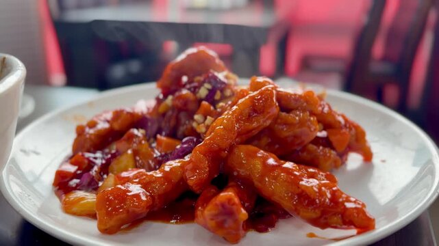 Steaming Hot Korean Sichuan Style Sweet And Sour Pork Sacheon Tangsuyuk 4K Cinematic Video