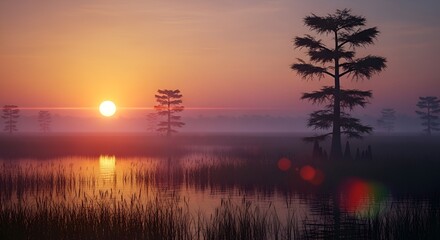 Serene Sunrise Over Misty Cypress Swamp with Golden Hues and Reflective Waters.
