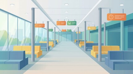 Fototapeta premium Bright modern transit lounge interior bathed in daylight with glass walls and hanging signage