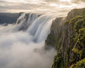 Majestic Waterfall Cascading Down Lush Green Cliffs Emerging From Dense Foggy Mist During Golden Hour