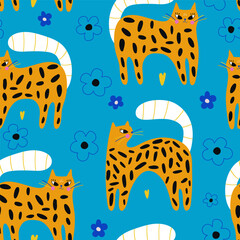 Materiał do szycia Cartoon seamless pattern with creative cats. Kittens with floral elements. Childish texture for fabric, textile, apparel, wallpaper. Vector illustration