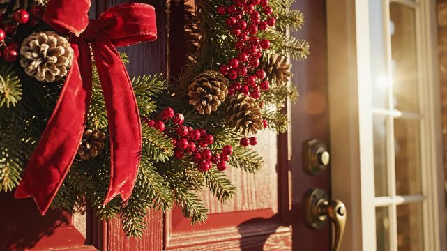 Festive greenery wreath with velvet bow and pinecones hanging on a reddish wooden surface
