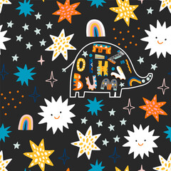 Materiał do szycia Seamless pattern with an elephant on night starry sky. Childish abstract creative vector texture.