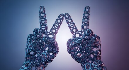 Abstract Robotic Hands Forming Peace Sign with Glowing Circles on Gradient Background.