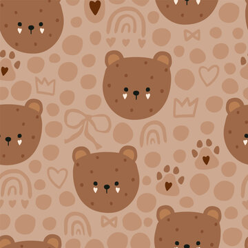 Seamless childish pattern with cute baby bear faces. Cartoon bear texture