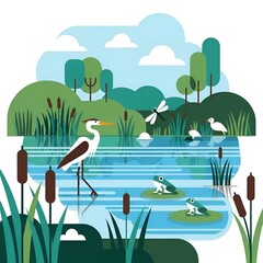 Vibrant Flat Design Illustration of a Serene Wetland Ecosystem with Diverse Wildlife.
