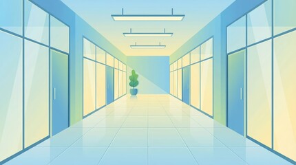 Obraz premium Bright interior hallway vector illustration with large windows, modern office corridor, soft gradient lighting