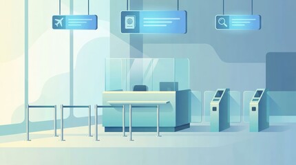 Fototapeta premium Minimalist airport check-in area in soft blue pastel tones - 3D render illustration of a modern travel terminal with kiosks and counters