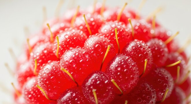 Close up view reveals texture and moisture on vibrant red fruit drupelets