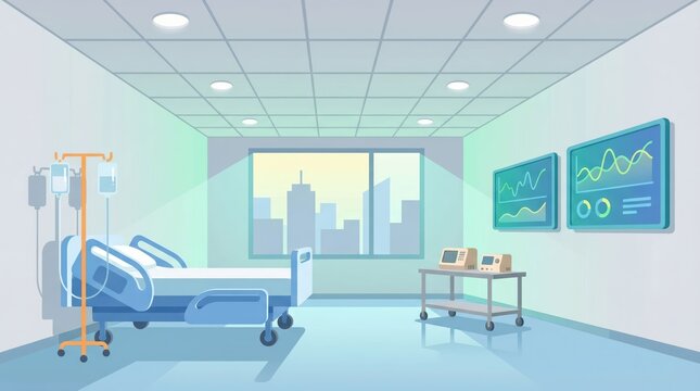 Illustrated hospital patient room with bed, IV stand and wall monitors in a bright modern ward, cartoon medical illustration