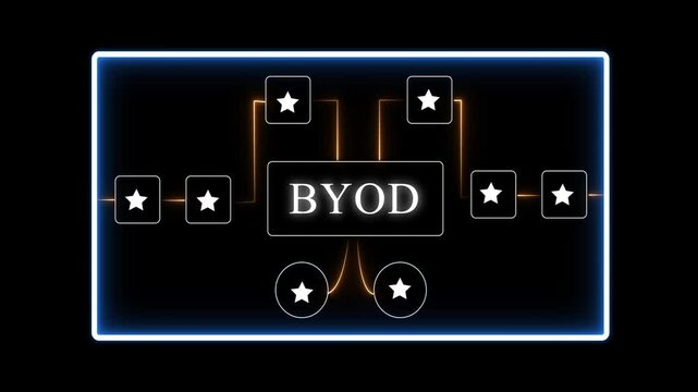B Y O D concept with glowing neon connections and star on black background BYOD bring your own device