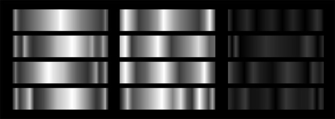 A set of silver and black metallic gradients. Vector collection of metall gradients for chrome button, ribbon, metal frame, border, label design. © Biod