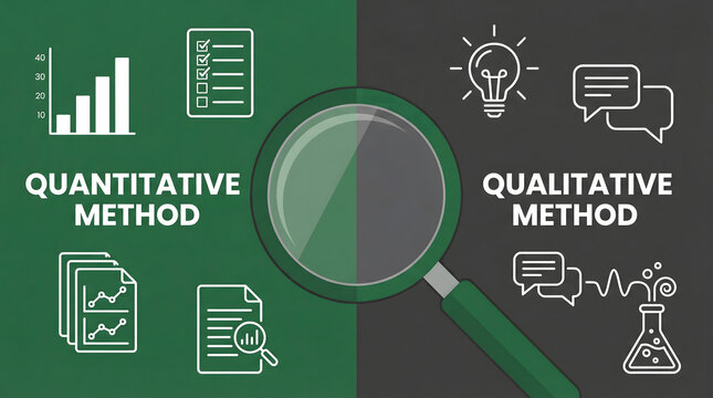 Comparison of quantitative and qualitative research methods with data charts and discussion symbols on split backgrounds analyzed by a magnifying glas