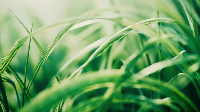 Lush green wheat stalks or similar cereal plants bending gracefully, illuminated by sunbeams, creating a vibrant natural background with organic patterns and fresh growth