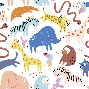 Cartoon jungle animals seamless pattern. Childish vector background with african and jungle animals.