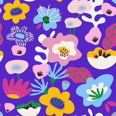 Obraz premium Seamless botanical bright texture with abstract flowers . Creative bold floral vector background