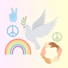 Peace and Unity Symbols with Dove, Rainbow, and Interlocked Hands.