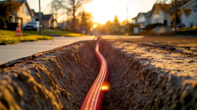 Glowing underground cable laid in open street trench at sunset showing modern fiber optic infrastructure installation in suburban neighborhood