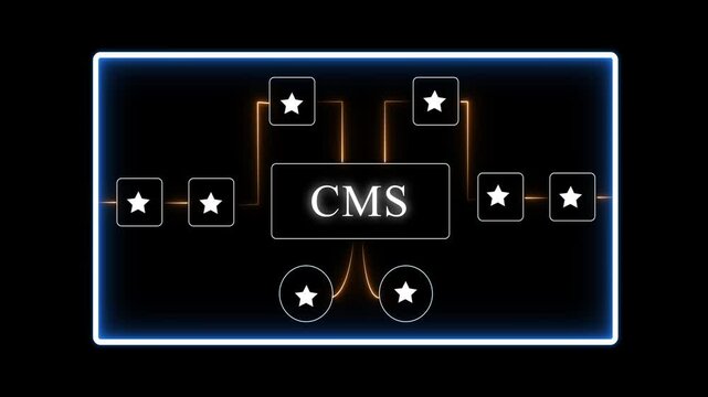 C M S Management System Concept with Glowing Neon and Star on Black Background for Technology and Business Presentations