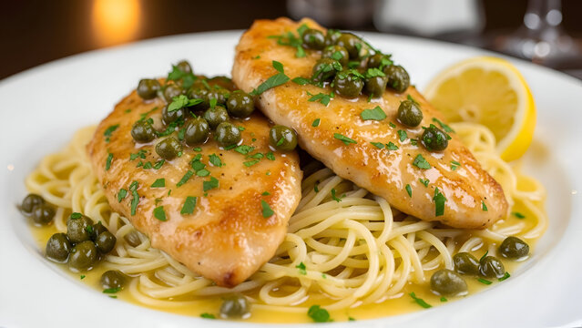 Elegant plate of Chicken Piccata with spaghetti, garnished with capers, parsley, lemon slice, and a rich buttery sauce, a classic Italian dish.