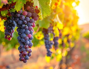 Naklejka premium A close-up of purple grapes hanging from a vine with green leaves