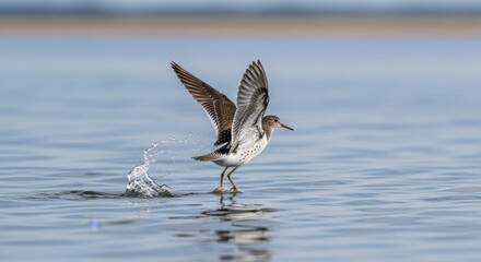 Small wading bird takes flight from the surface of calm water with wings fully spread