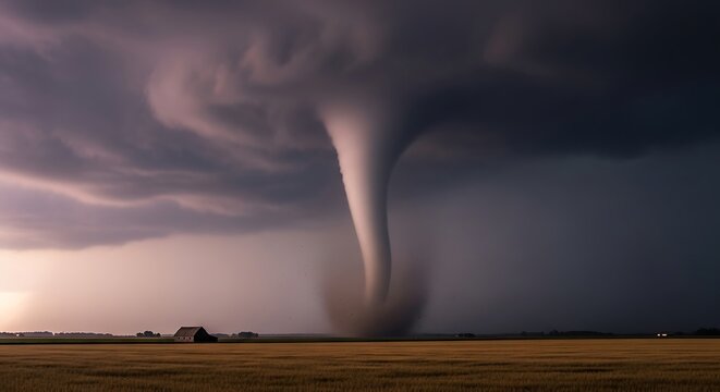 Massive Tornado Raging Over Wheat Field Near Farmhouse