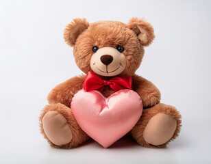 Obraz premium Brown smiling Teddy bear plush toy with red tied bow holding a pink heart shape plushie on white background 