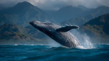 Obraz premium Majestic humpback whale breaches out of deep blue ocean water, splashing spray with lush green mountains and clouds visible in the background.