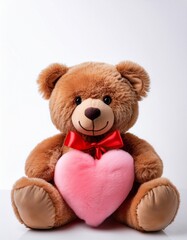 Fototapeta premium Brown smiling Teddy bear plush toy with red tied bow holding a pink heart shape plushie on white background 