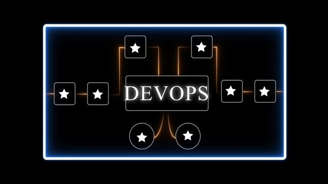 Dev Ops Concept Neon Sign with Stars and Lines on Black Background for Technology and Software Development